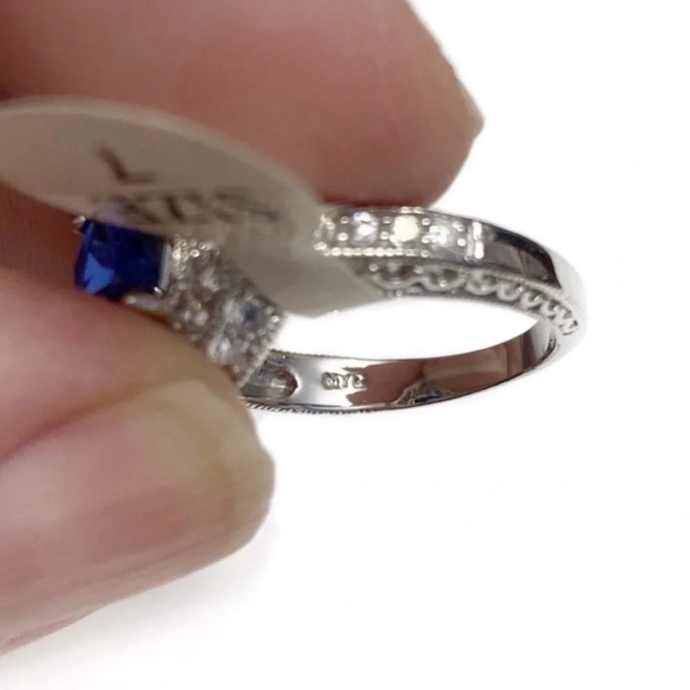 Sterling Silver Sapphire Engagement Ring with CZ Halo Size 7